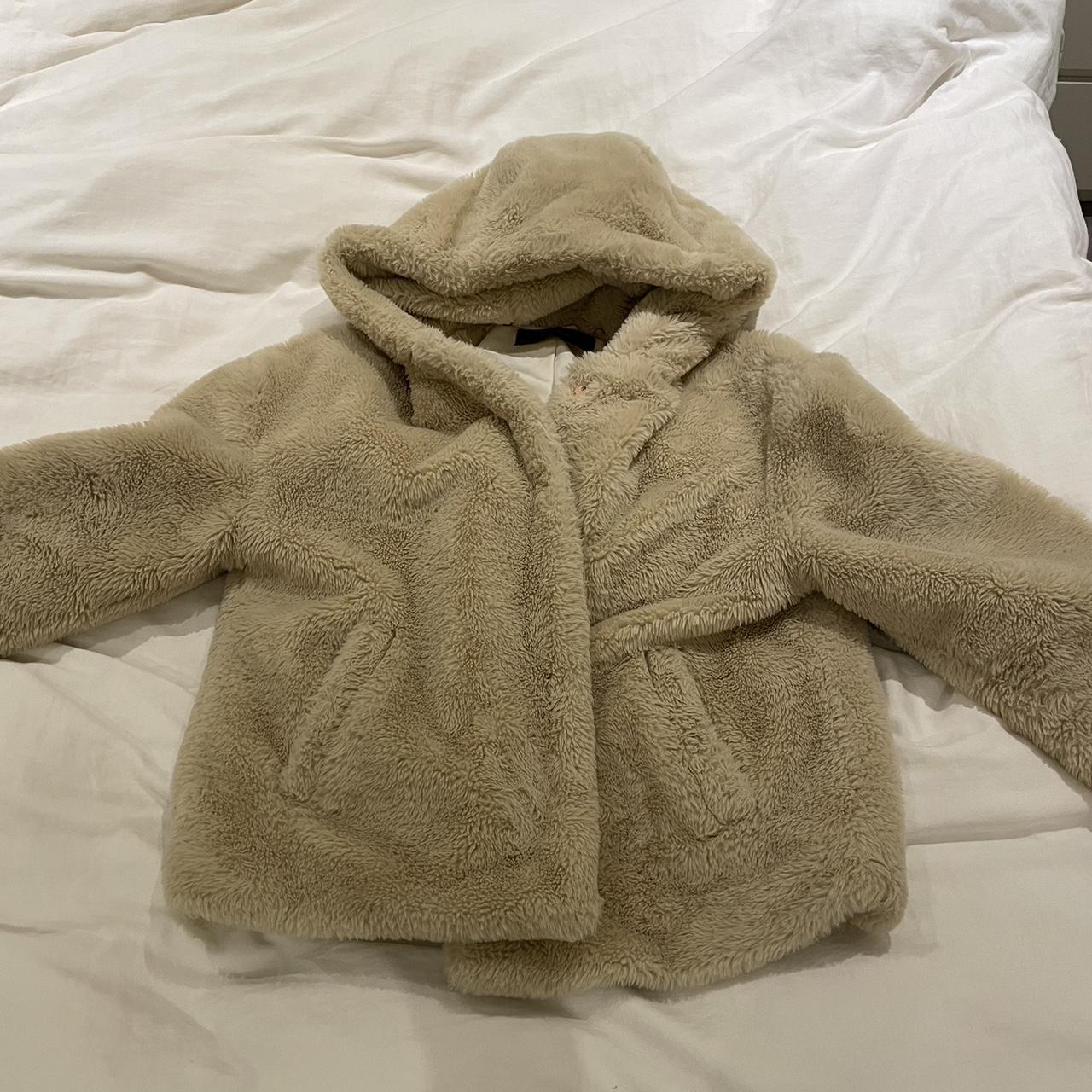 Zara teddy faux fur jacket Cream / beige colour Worn... - Depop