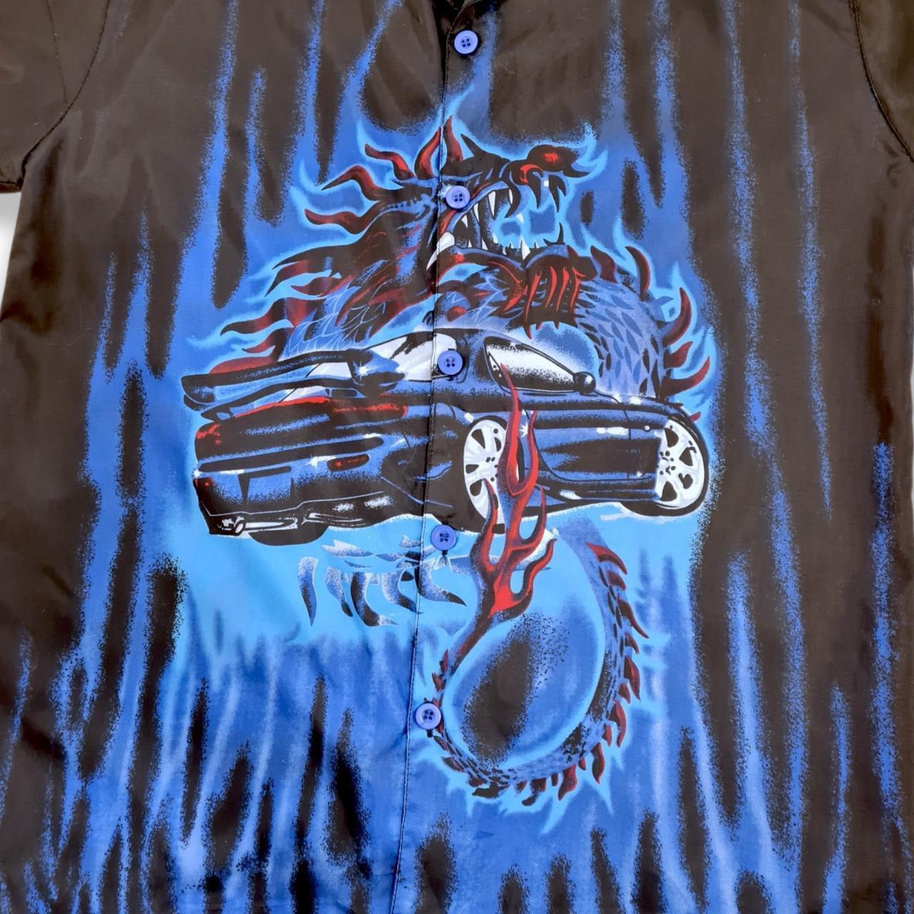 cool Y2K shirt with car/dragon/flame print on the | Depop