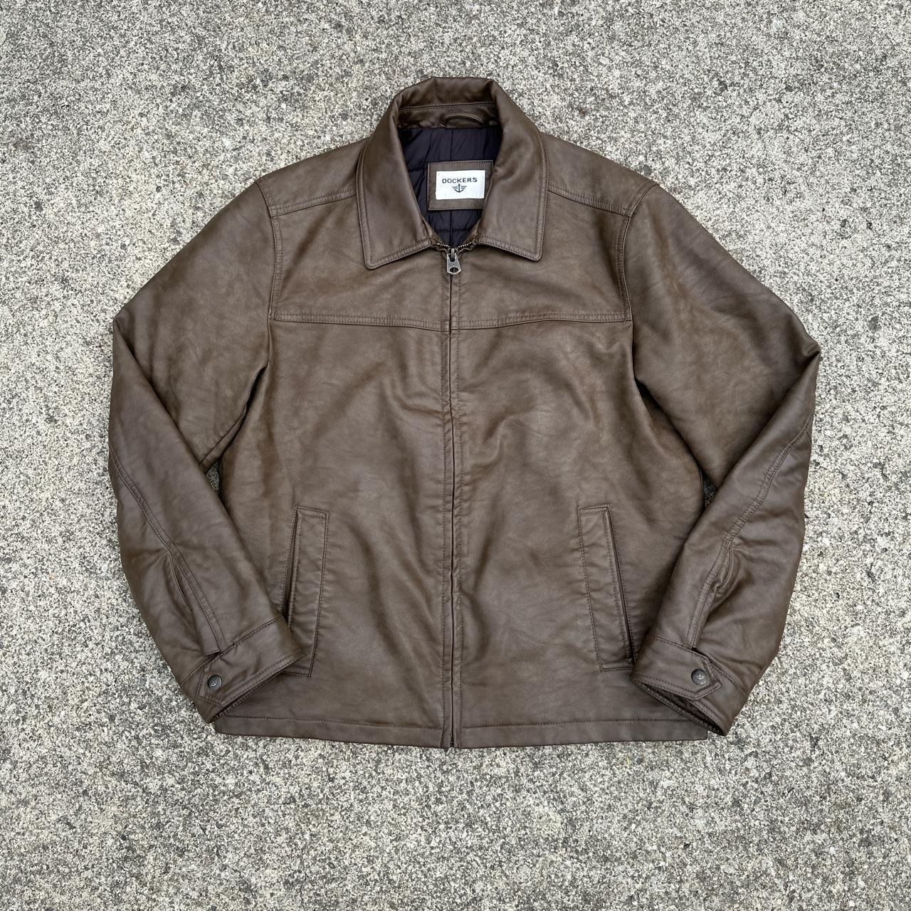 vintage y2k dockers brown faux leather jacket size... - Depop