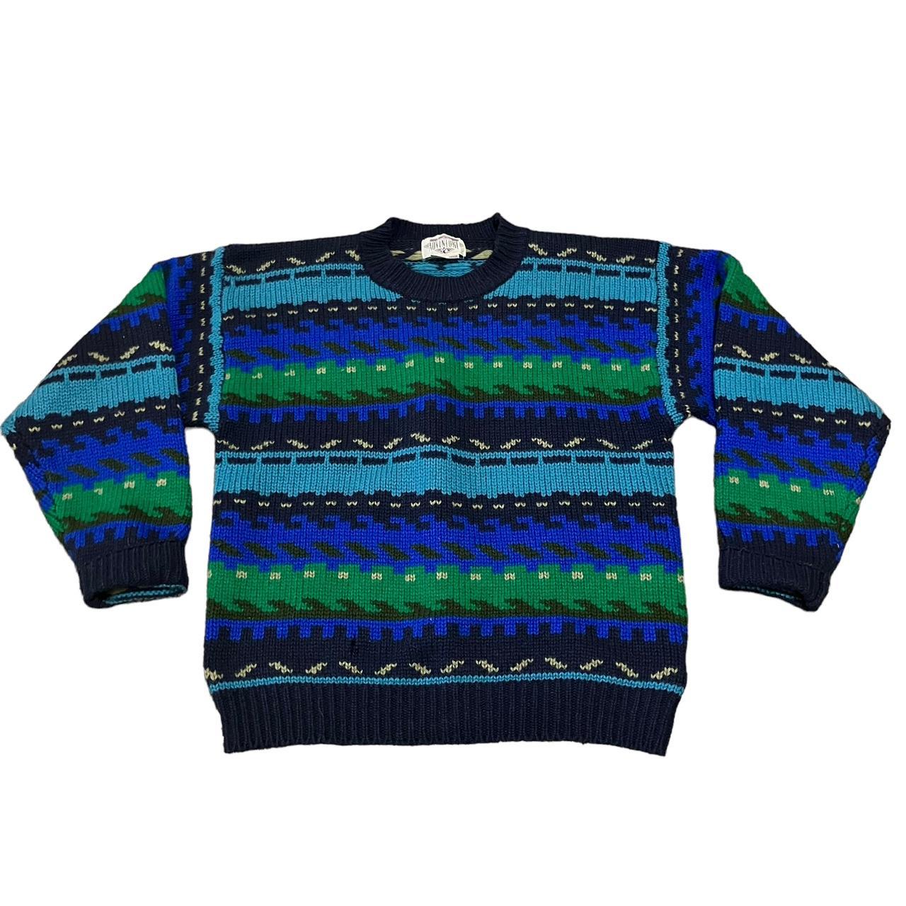 Vintage funky knit grandpa sweater Blue and green... - Depop