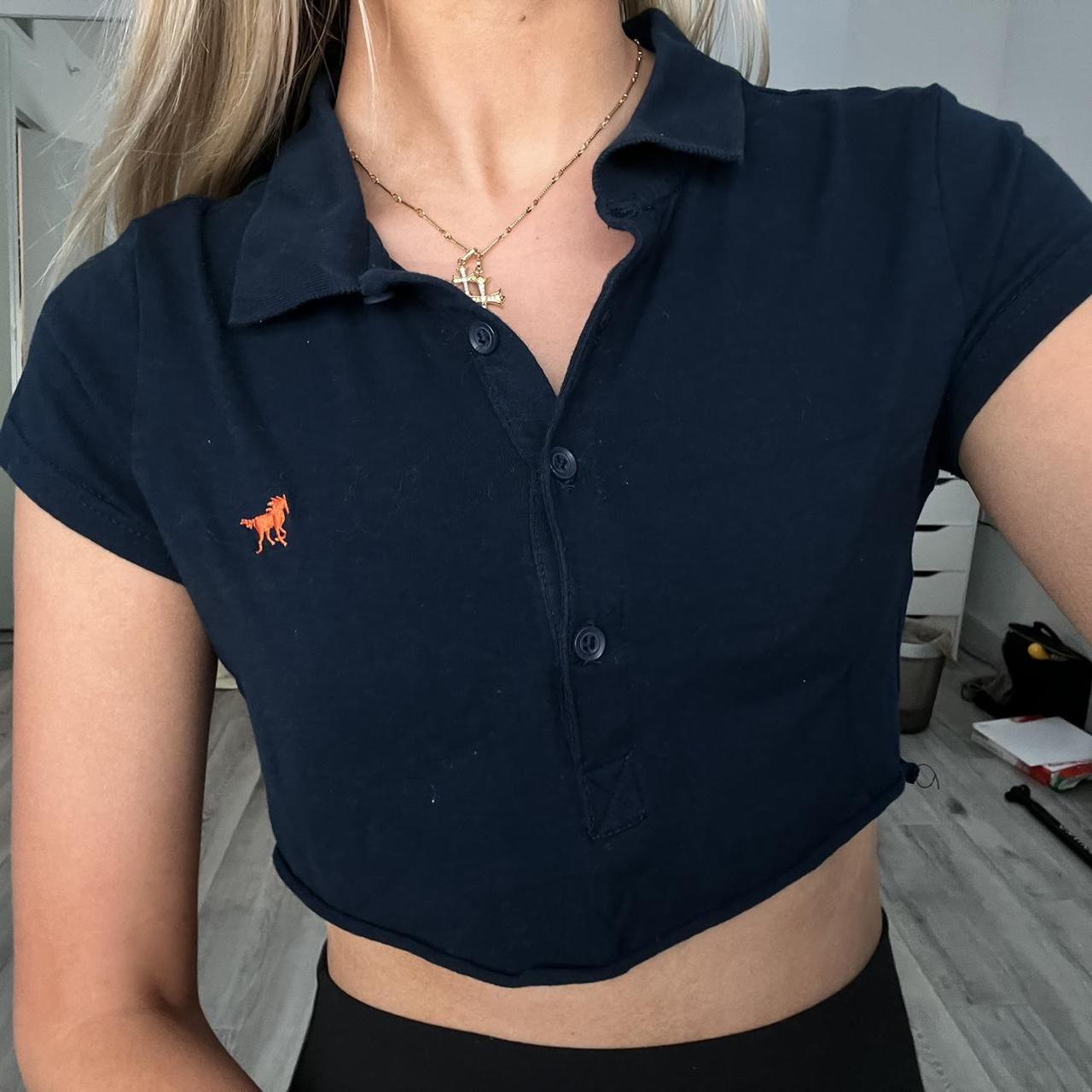 Vintage Navy Blue Cropped Cotton Collared Polo Shirt