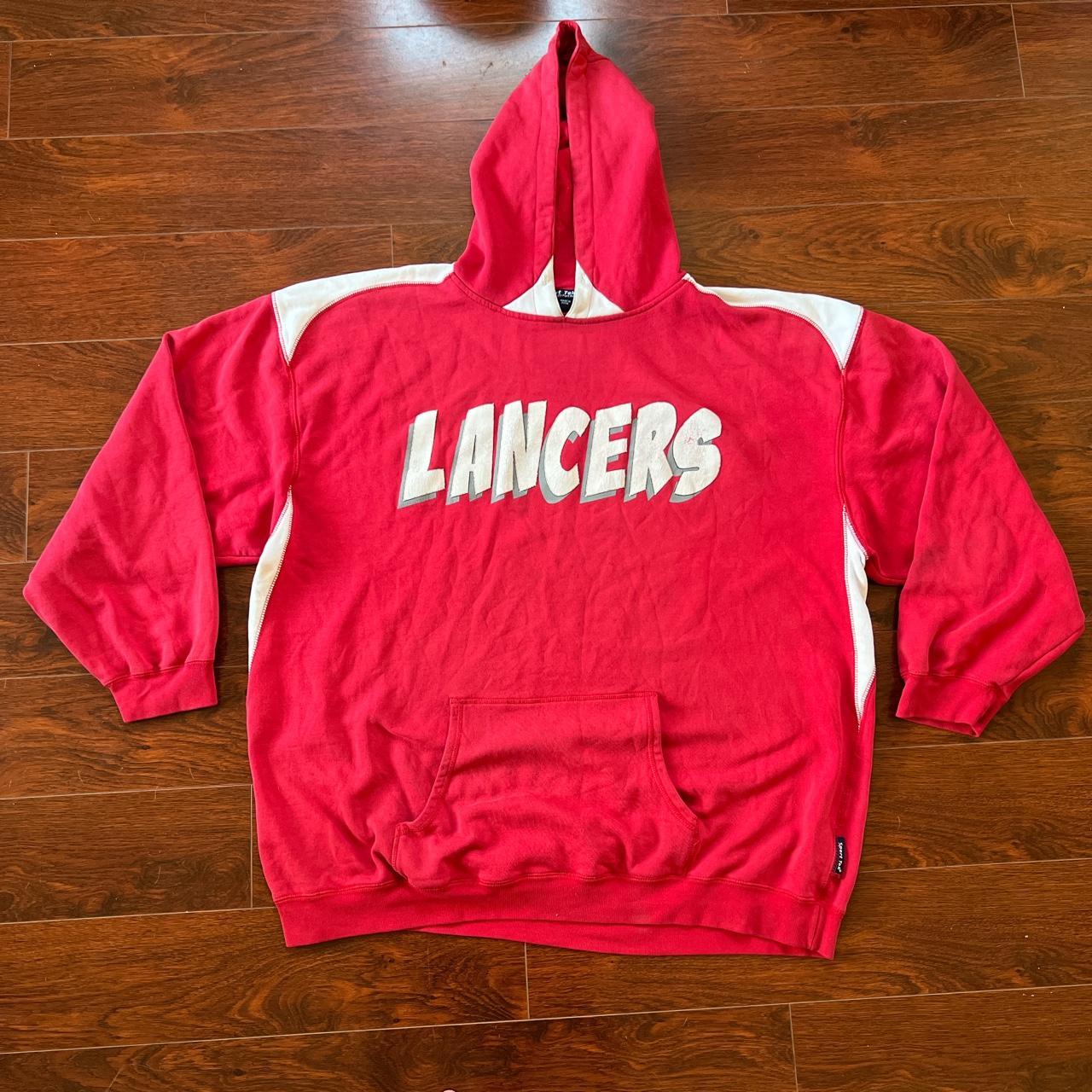 distressed LANCERS sports team logo red + white... - Depop