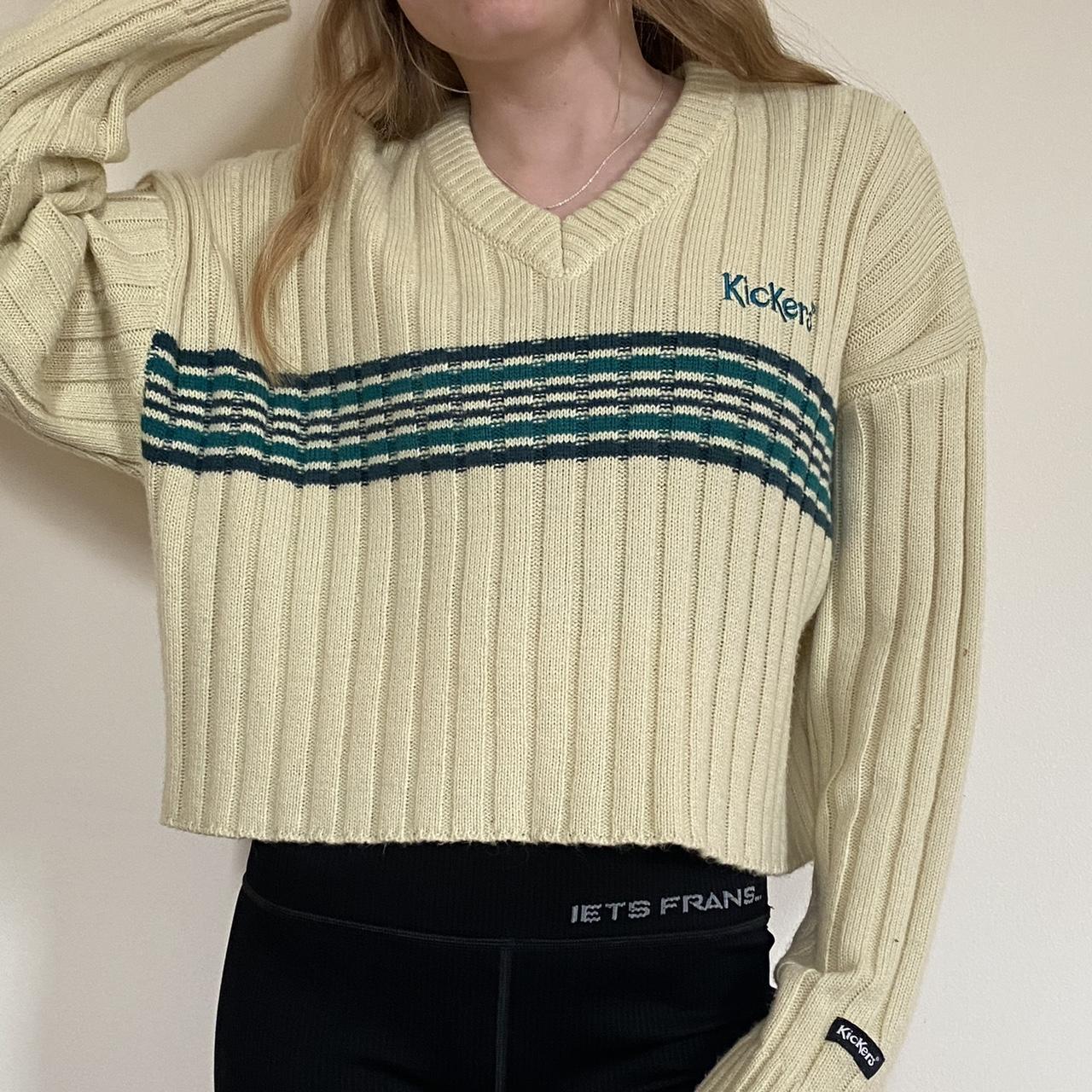 Vintage Kickers Cream Knitted Striped VNeck Jumper... Depop
