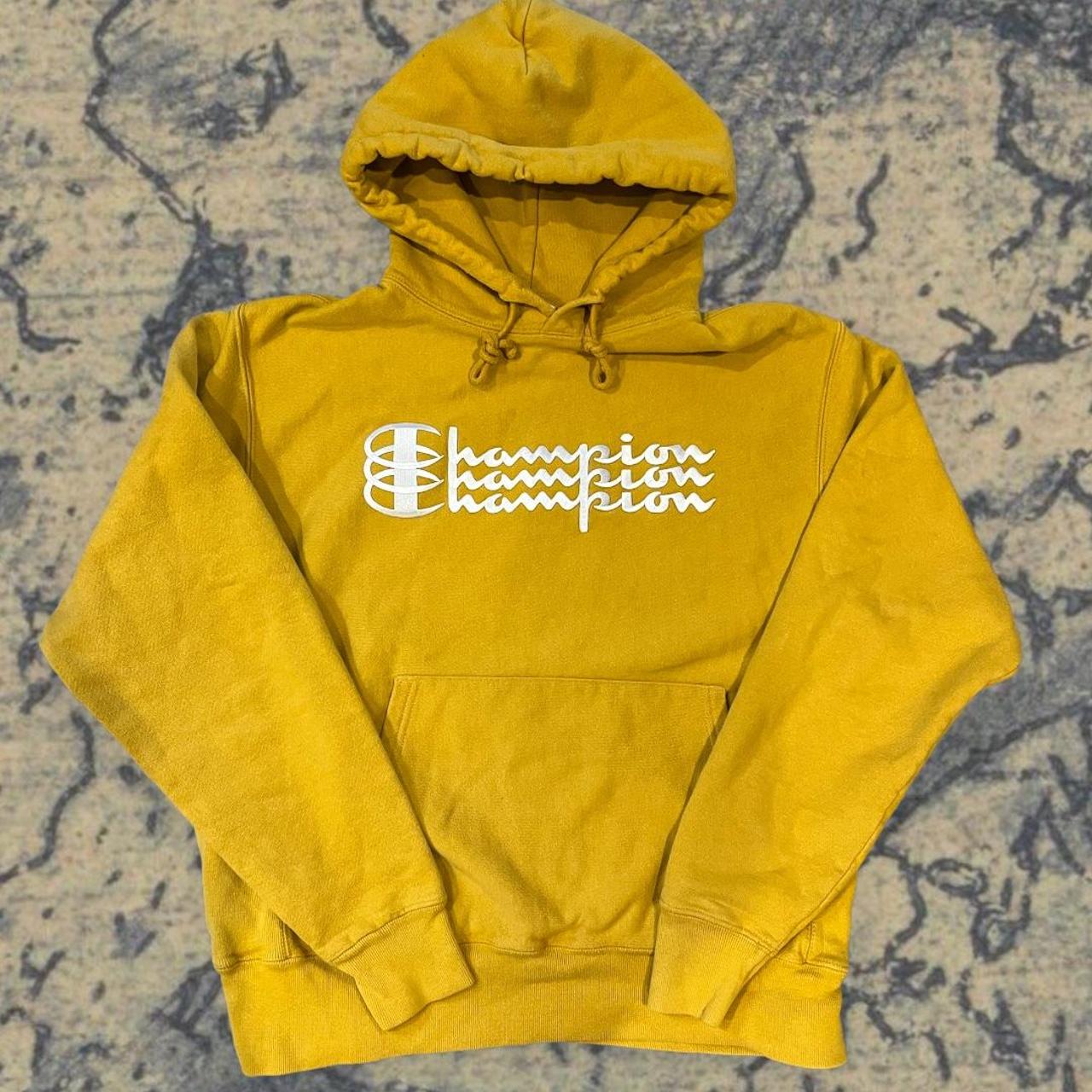 Mustard yellow champion hoodie size medium with... Depop