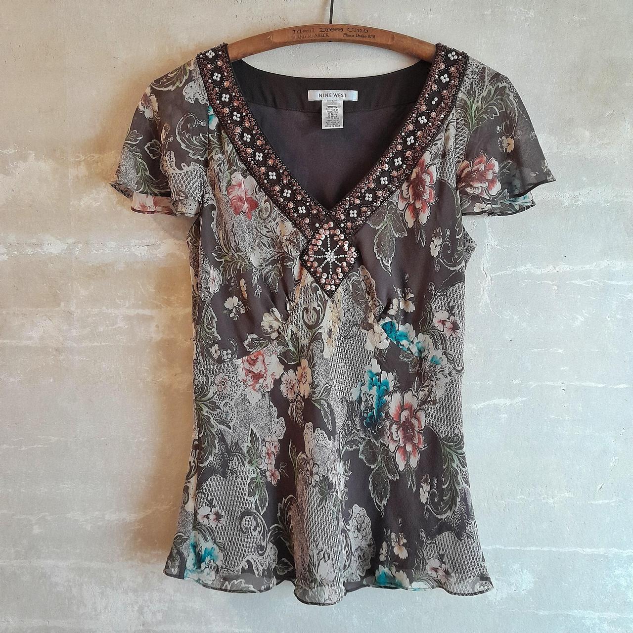 Nine West Women's Blouse - Brown - 8 – 733. vintage brown floral beaded 100% silk …