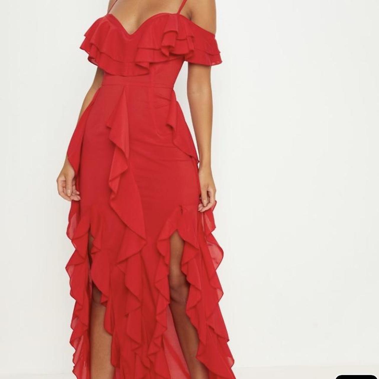 Red Cold Shoulder Ruffle Detail Maxi Dress Doesnt Depop 