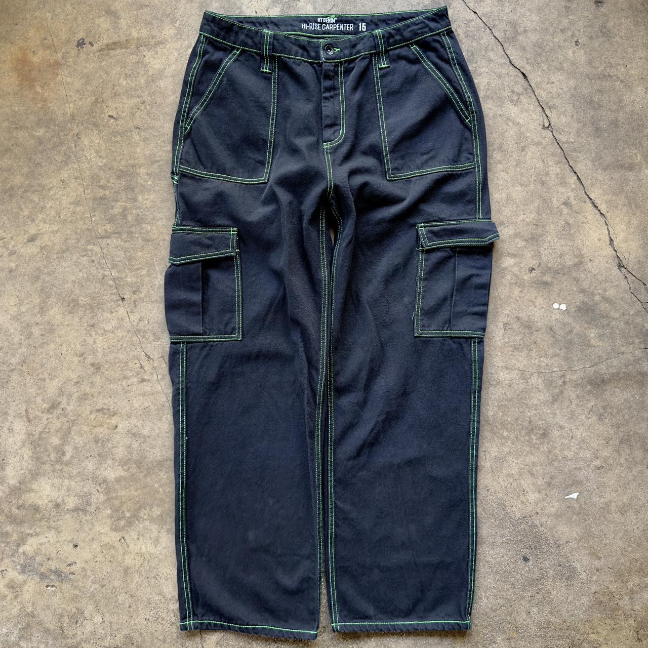 HT Denim Black & Green Stitch Hi-Rise Carpenter Pants