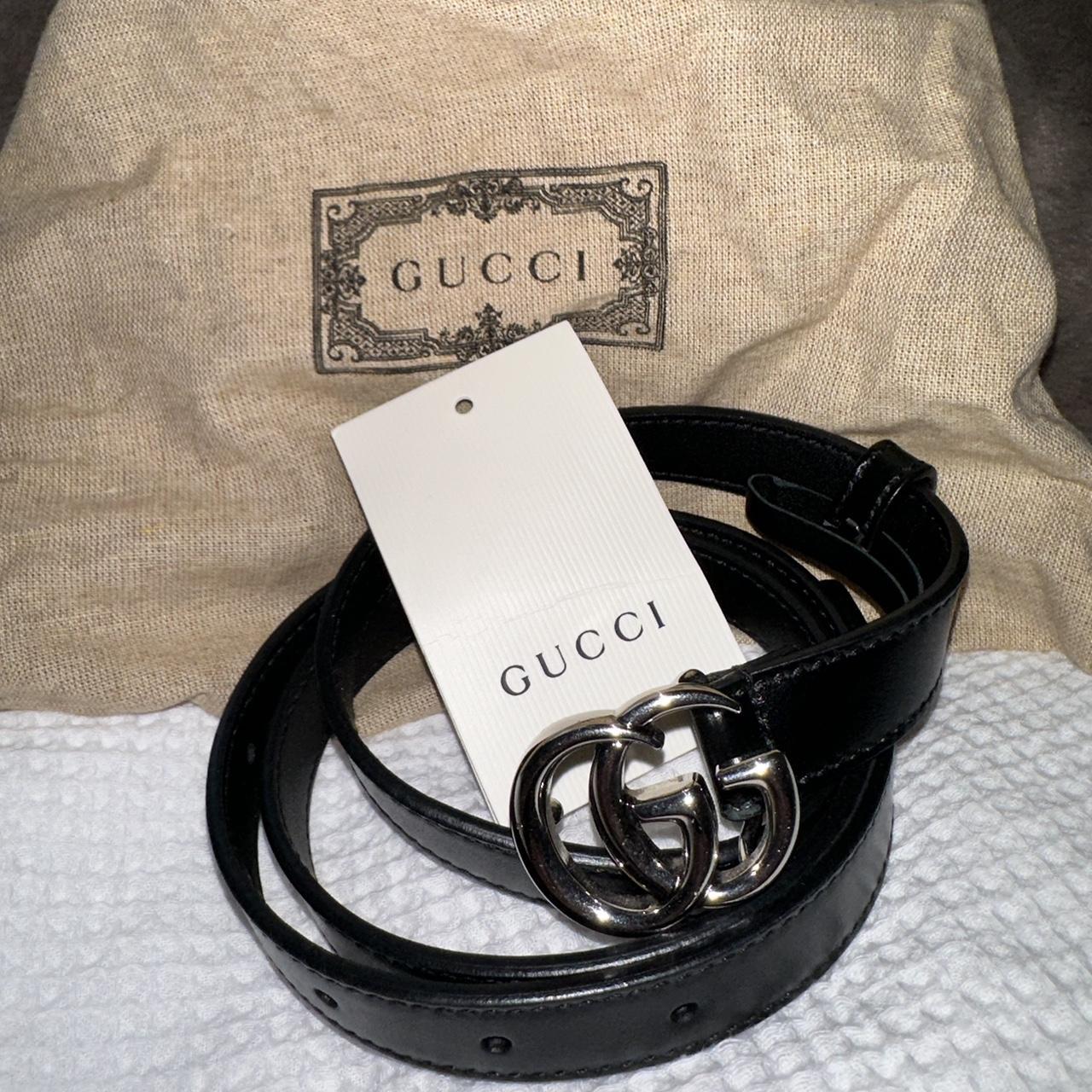 Women’s small silver Gucci logo slim black leather... - Depop