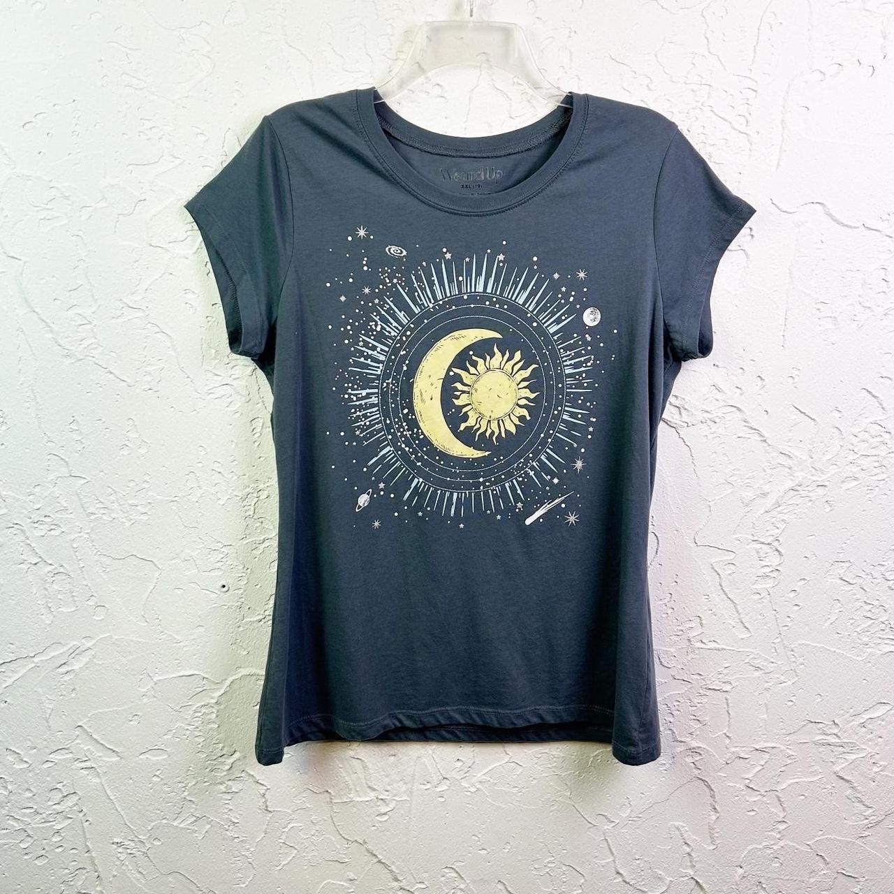 Grey Sun Moon Celestial Short Sleeve Fitted Graphic... - Depop