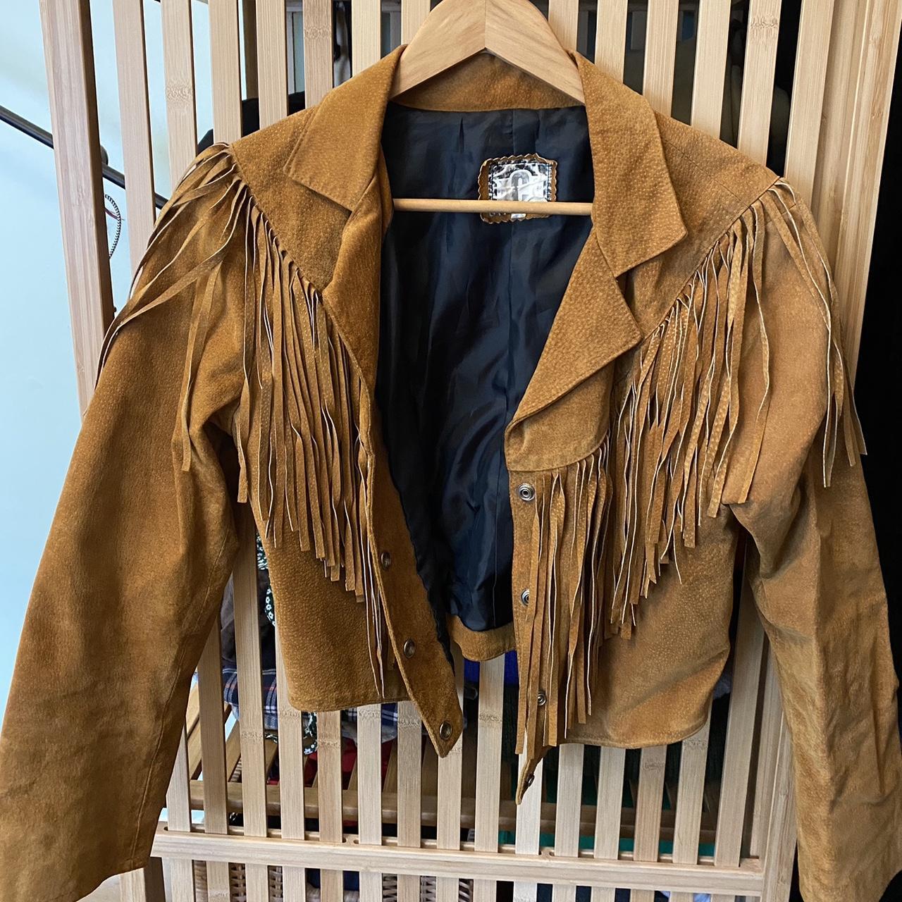 Vintage early 2000s leather fringed cropped jacket,... - Depop