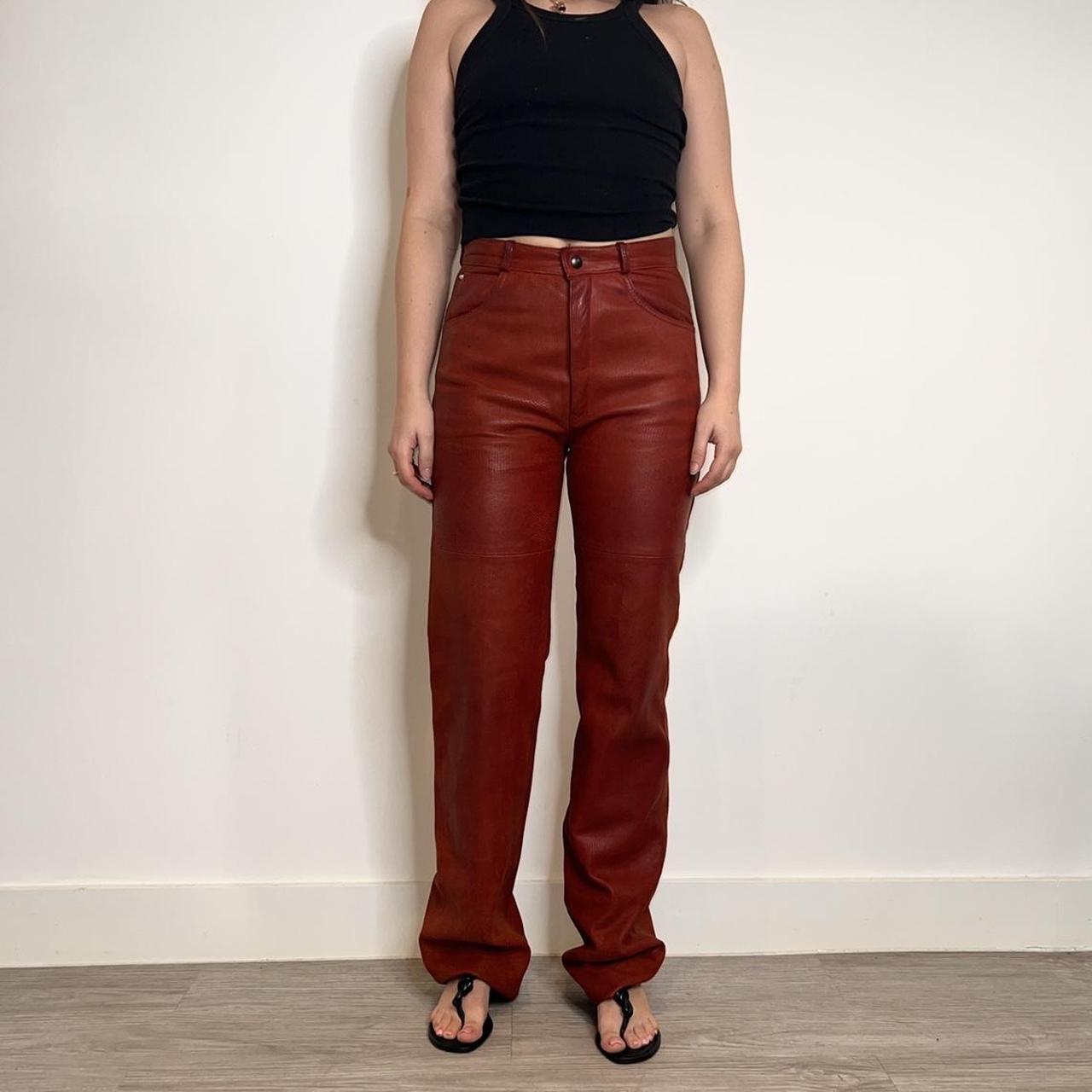 Vintage red leather trousers with mock croc effect... - Depop