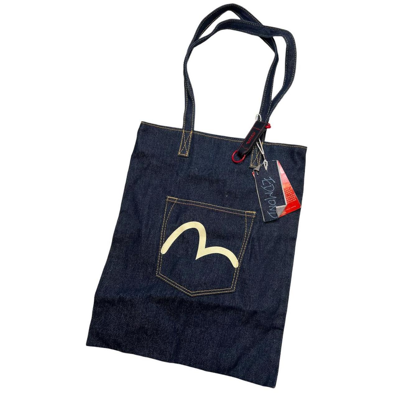 Evisu Denim Tote Bag Dark wash, design to front,... - Depop