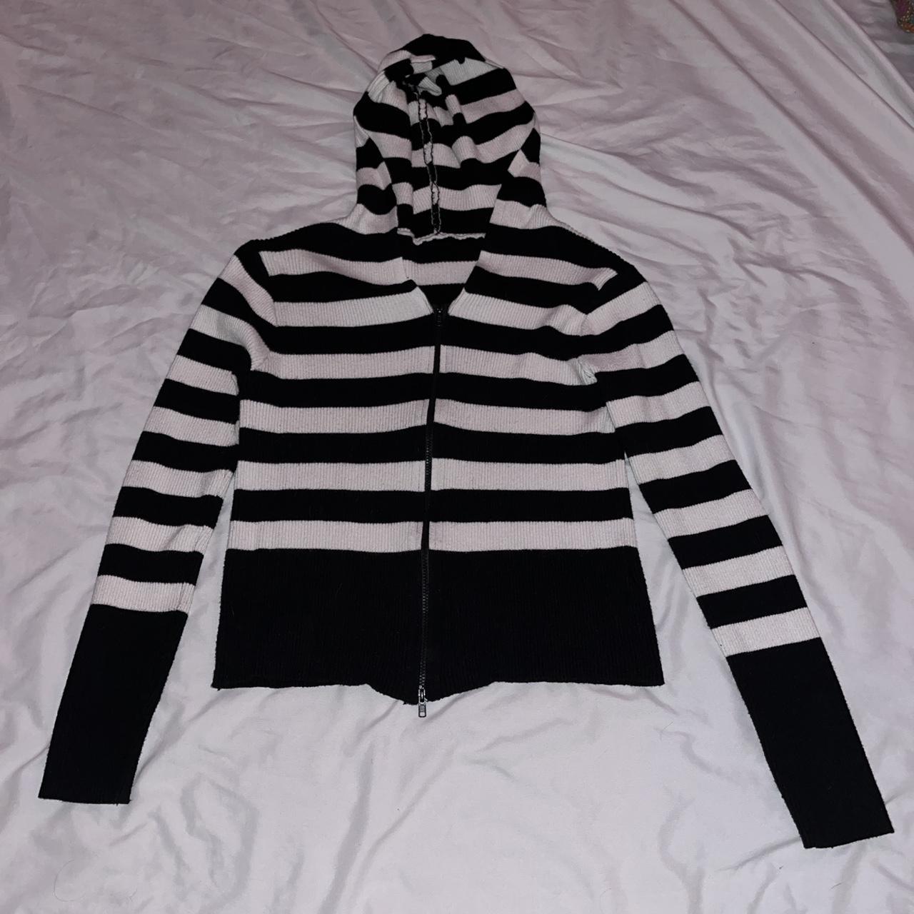 black an white striped hoodie size large but it’s... - Depop