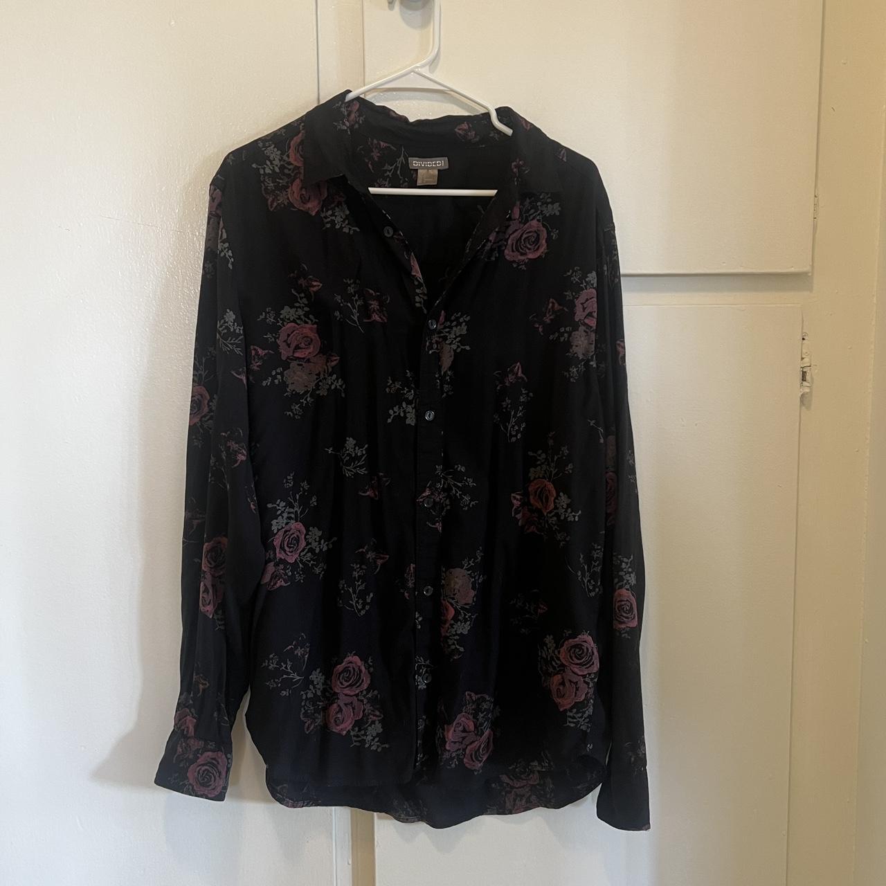 black button up with muted rose floral print - Depop