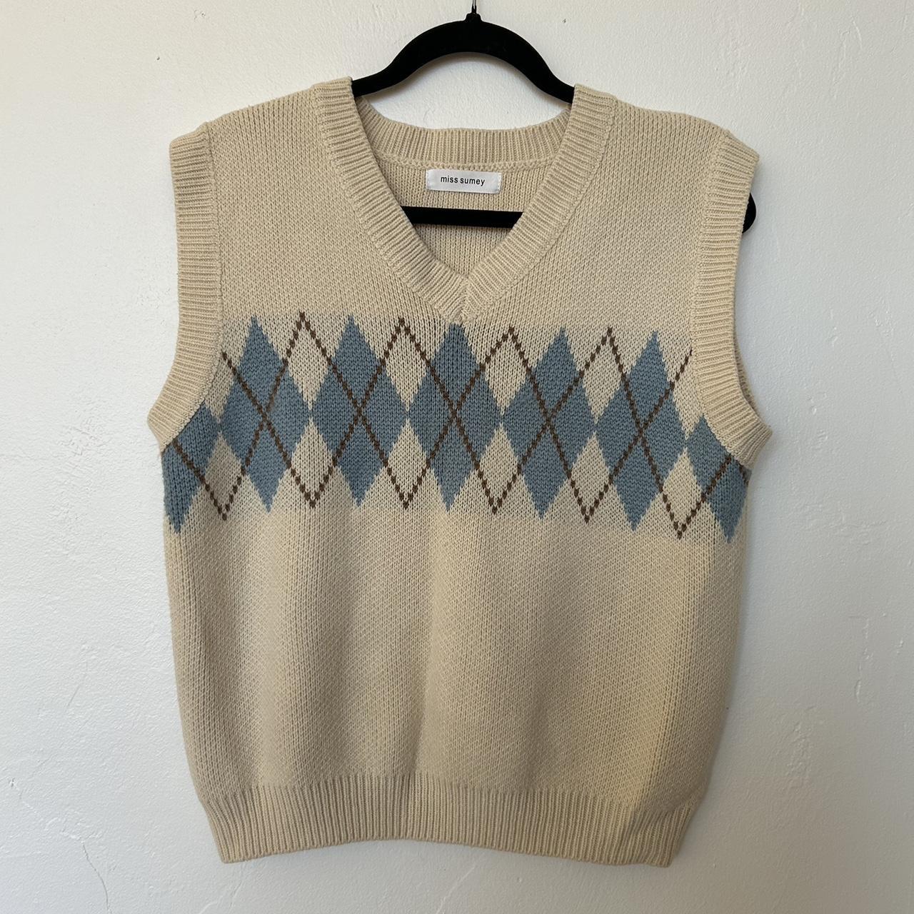 miss sumey sweater vest in cream with baby blue and... - Depop