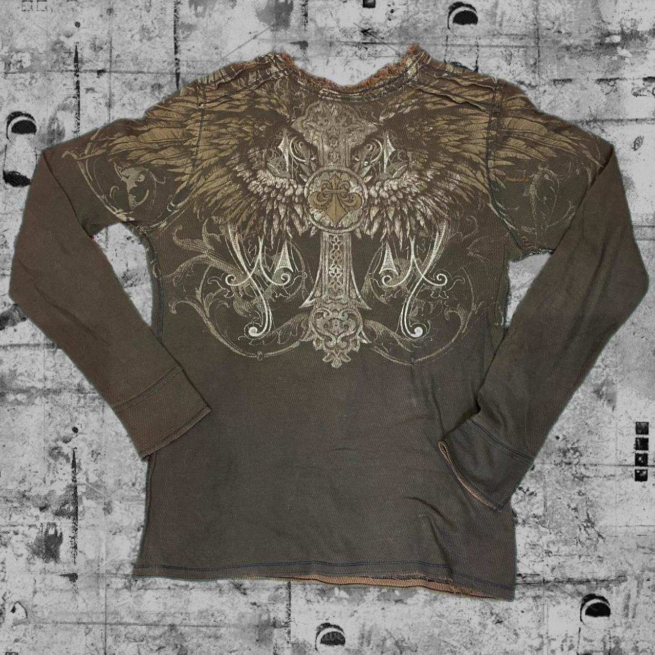 affliction brown reversible graphic thermal tuff... - Depop