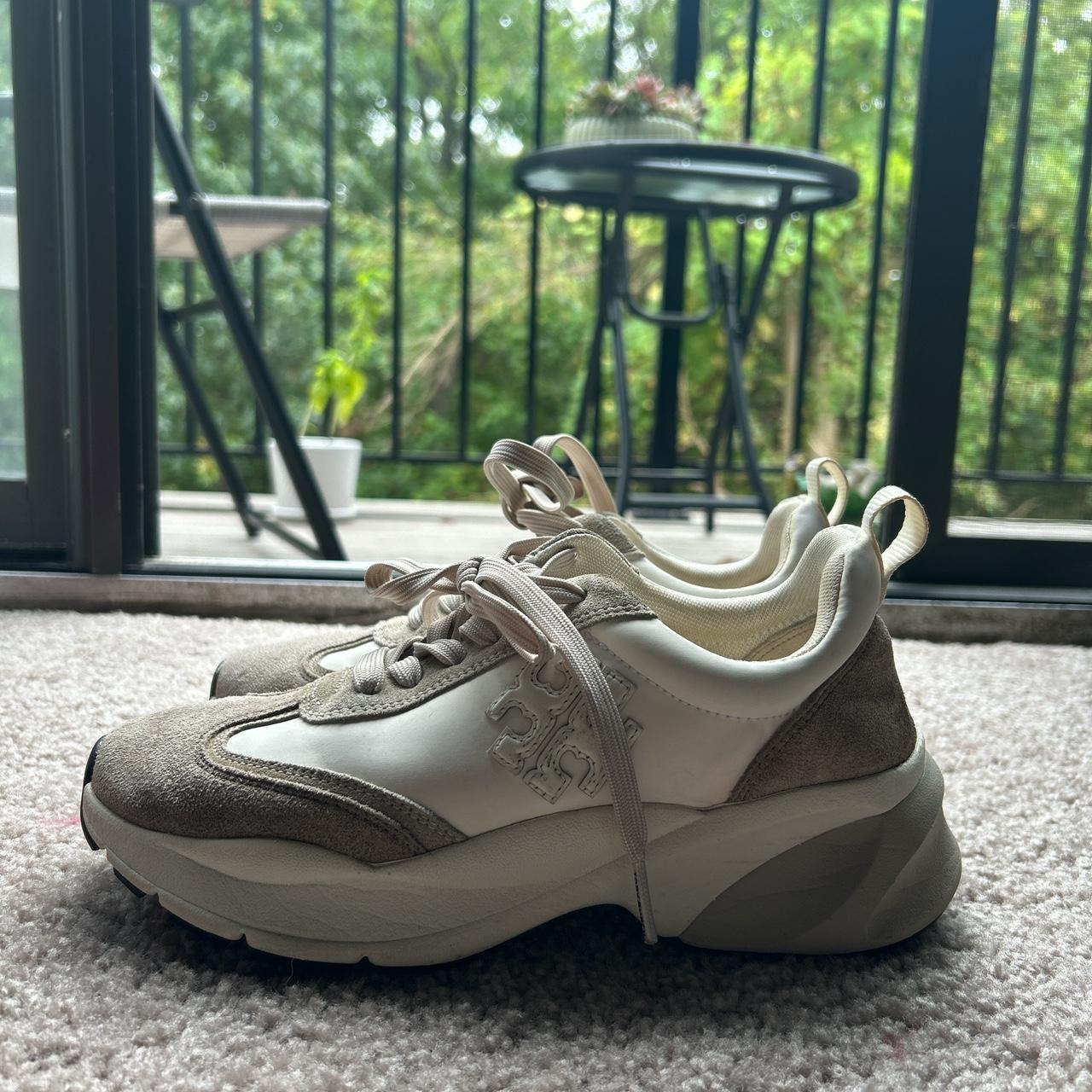 tory burch 'good luck trainer' shoe color: fossil | Depop