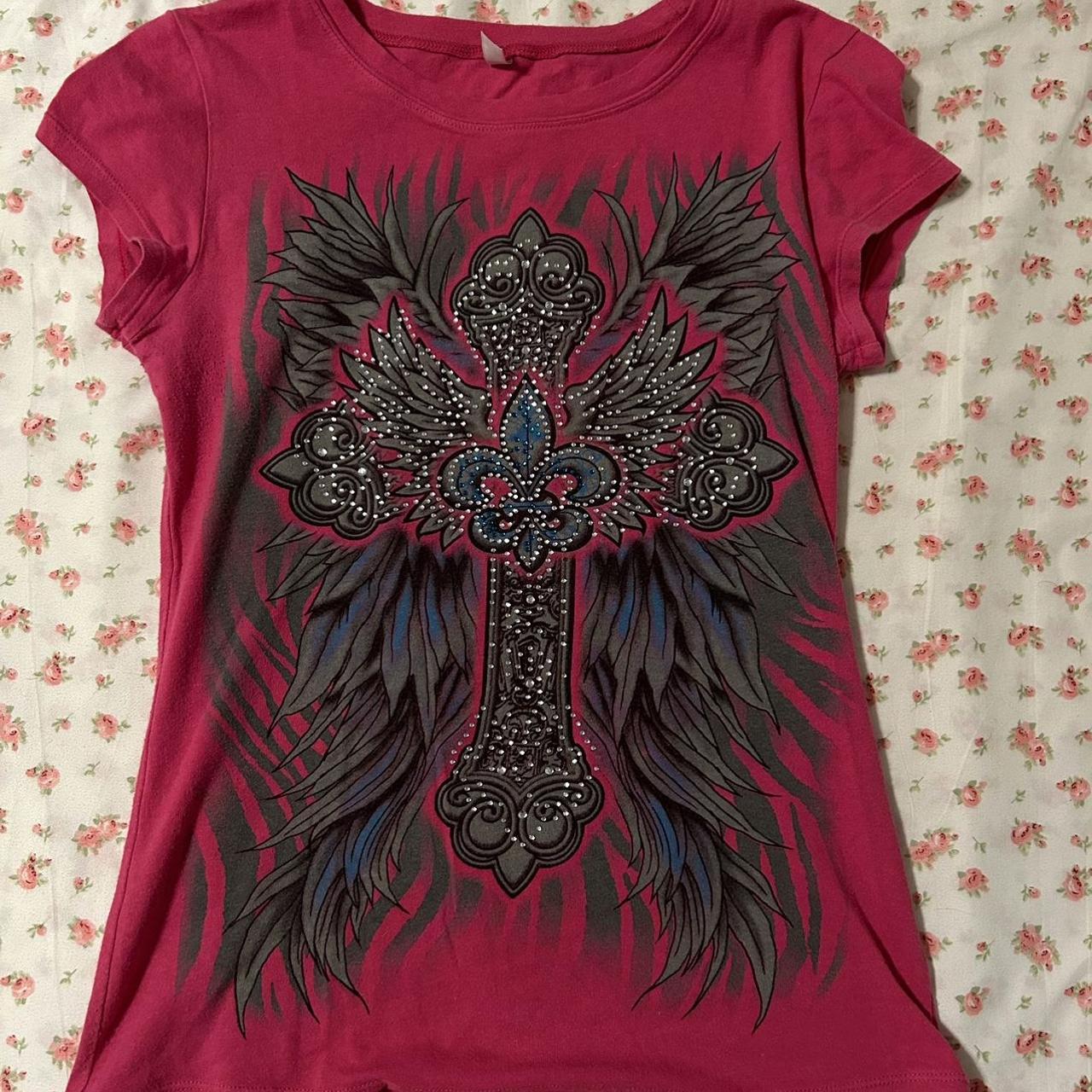 HOT pink affliction style graphic womens t shirt.... - Depop