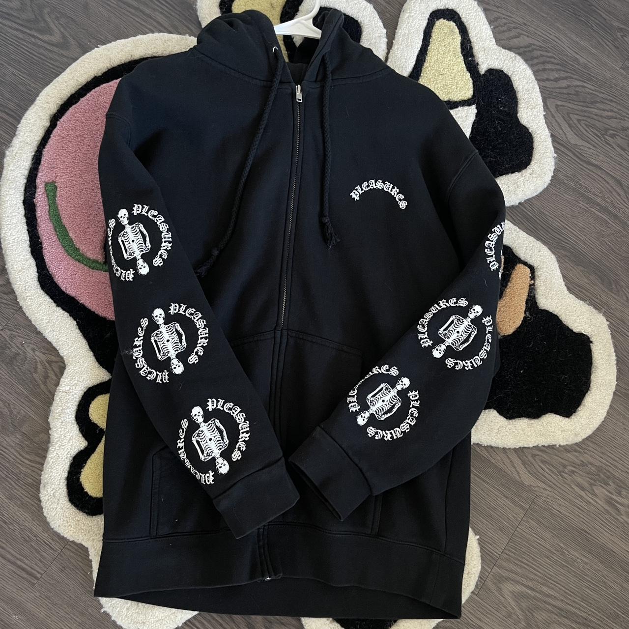 Pleasures zip up black skull hoodie with white... - Depop