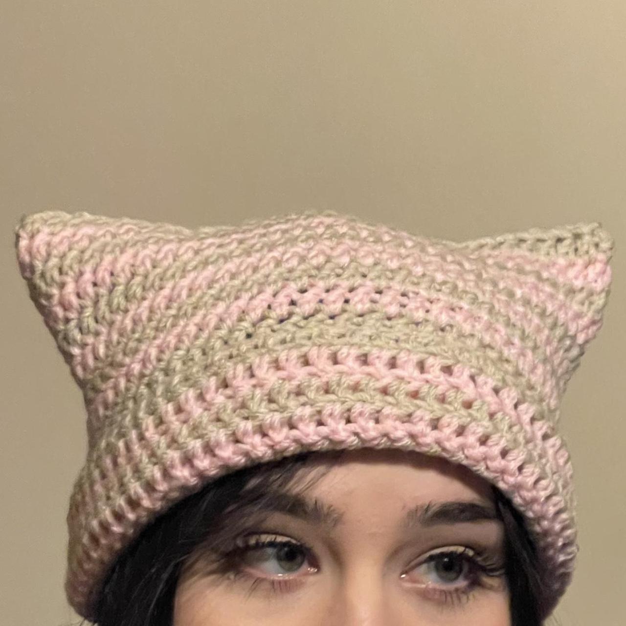 cream and pink striped crochet cat hat crochet Depop