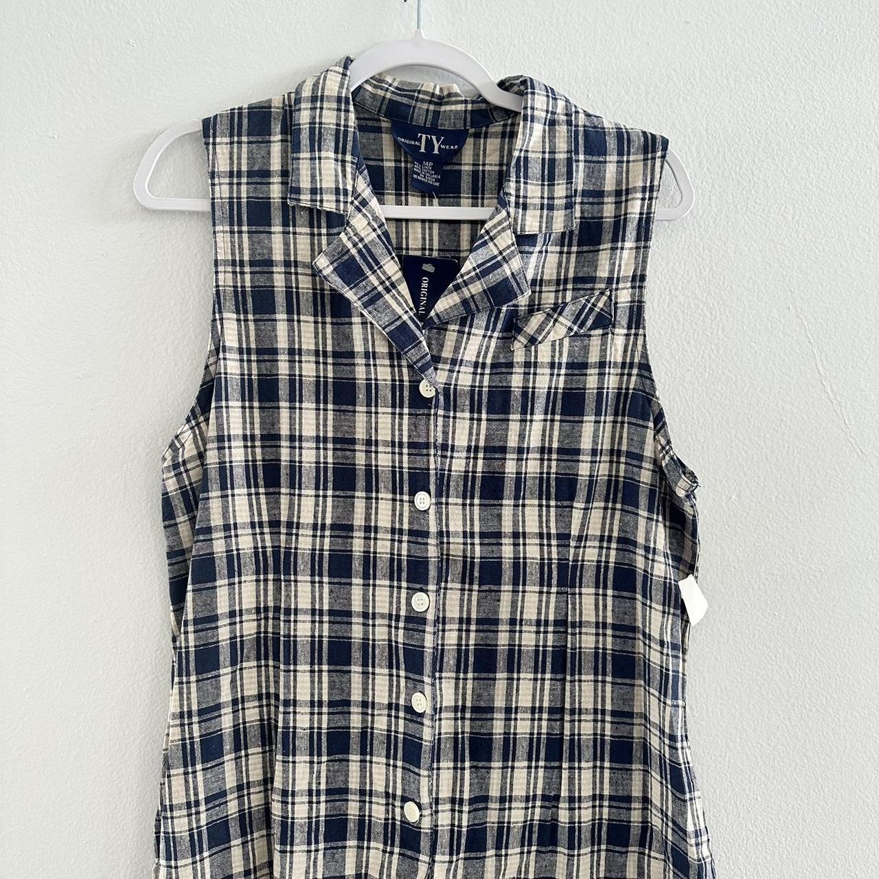 Vintage Linen-Cotton Plaid Navy & Beige Collared... - Depop