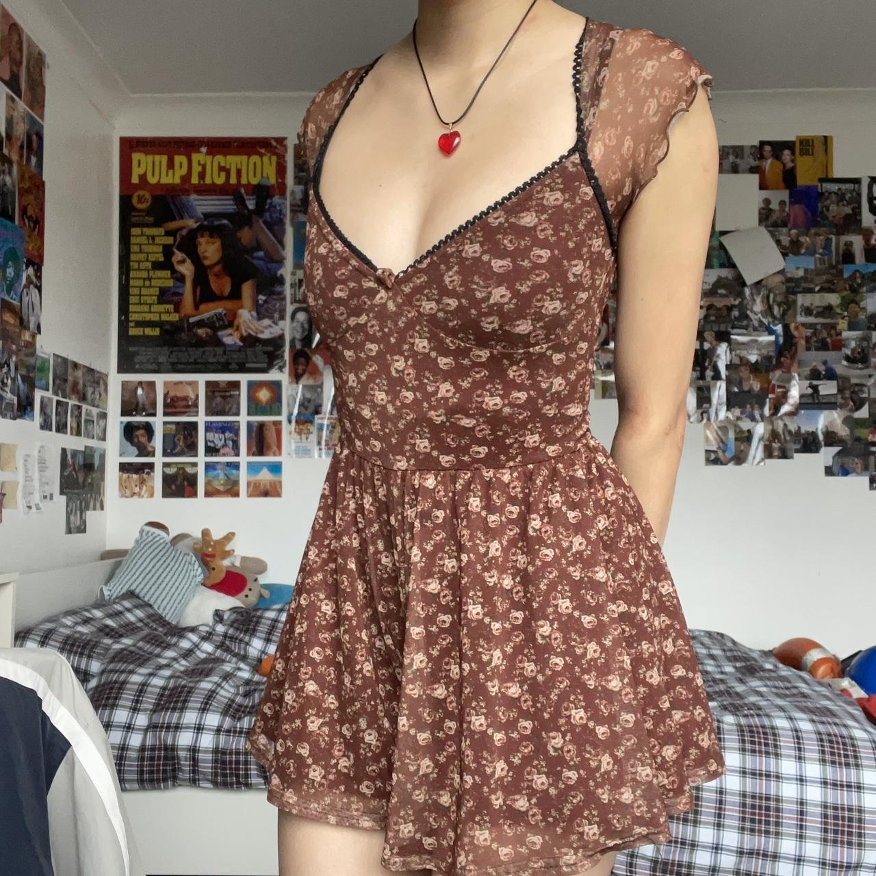 Urban Outfitters Mesh Play Suit Dress Brown Floral - Depop