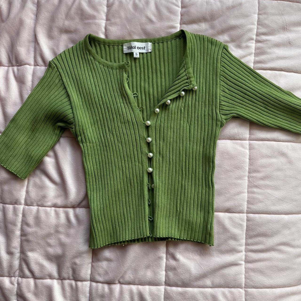 Verge girl green ribbed blouse with pearl buttons.... Depop