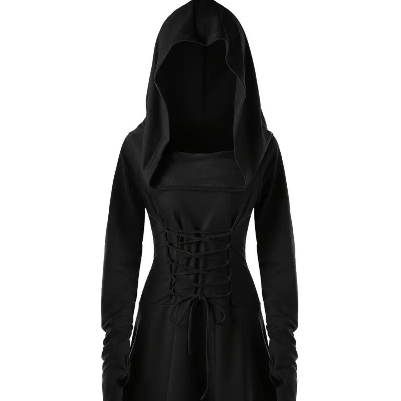 Gothic Hooded Lace Up Dress, Vintage Black Long... - Depop