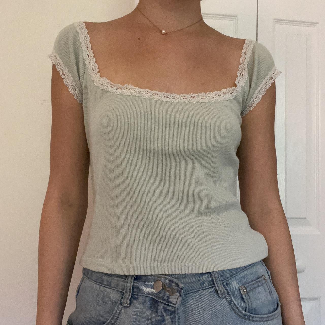 brandy melville sage green eden top with lace details Depop