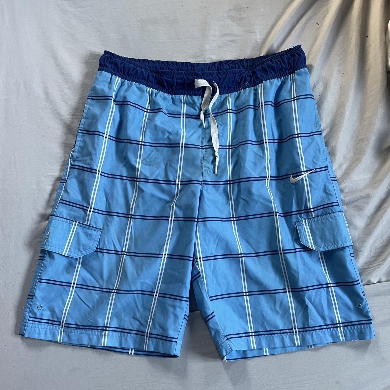 nike blue and white checkered mid shorts swimming... - Depop