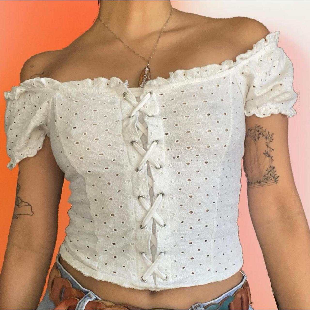 off the shoulder ruffle white top, definitely gives... - Depop