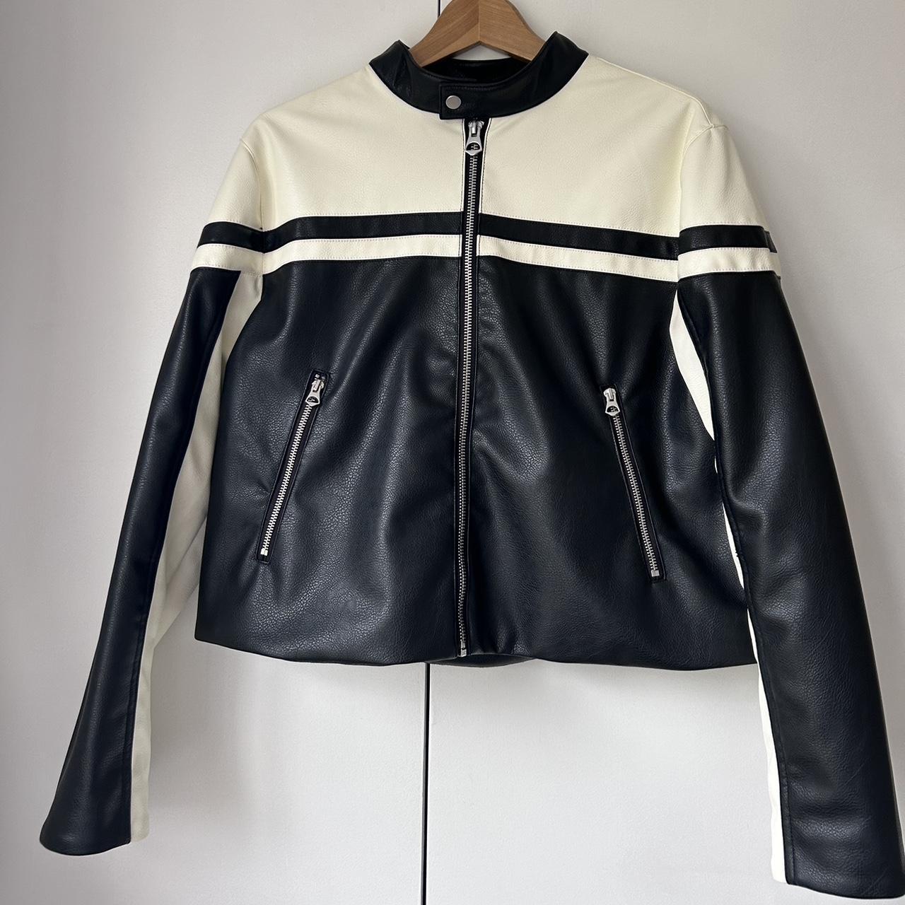 H&M Black and Cream Faux Leather Racer Jacket (M) ~... - Depop