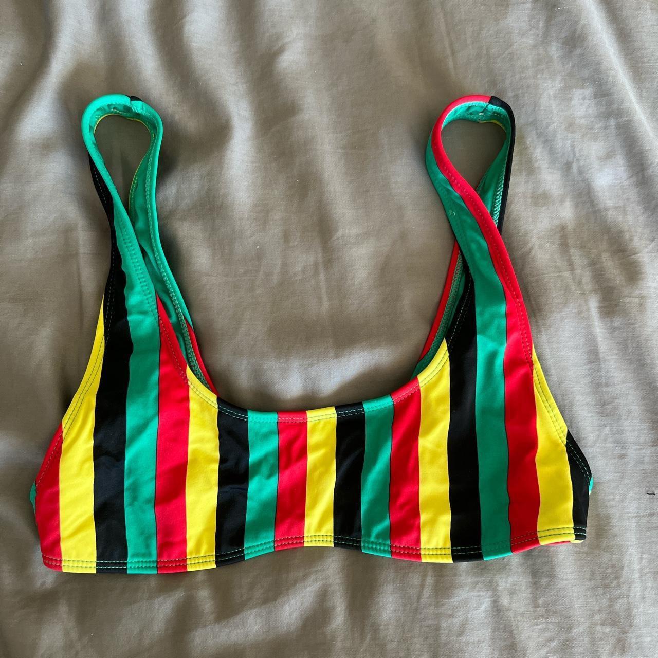 Striped bralette bikini top Rasta stripes in red, - Depop