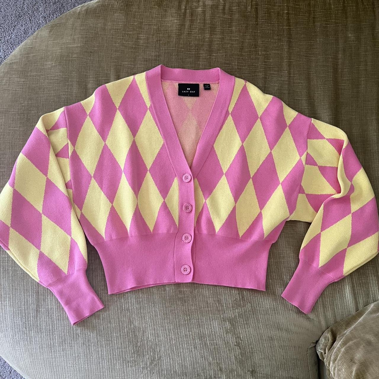 Lazy Oaf Women's Pink and Yellow Cardigan Depop