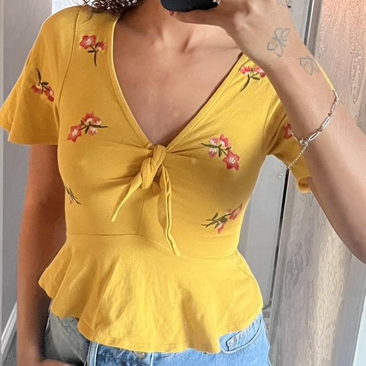 Miss selfridge yellow v neck peplum top with flower