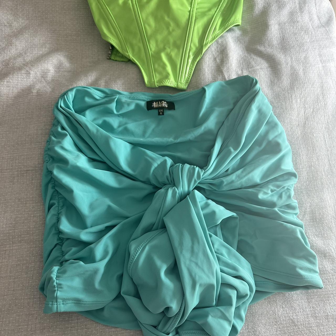 MARSTHELABEL Neon Green Corset Top & Blue Knot Mini... - Depop