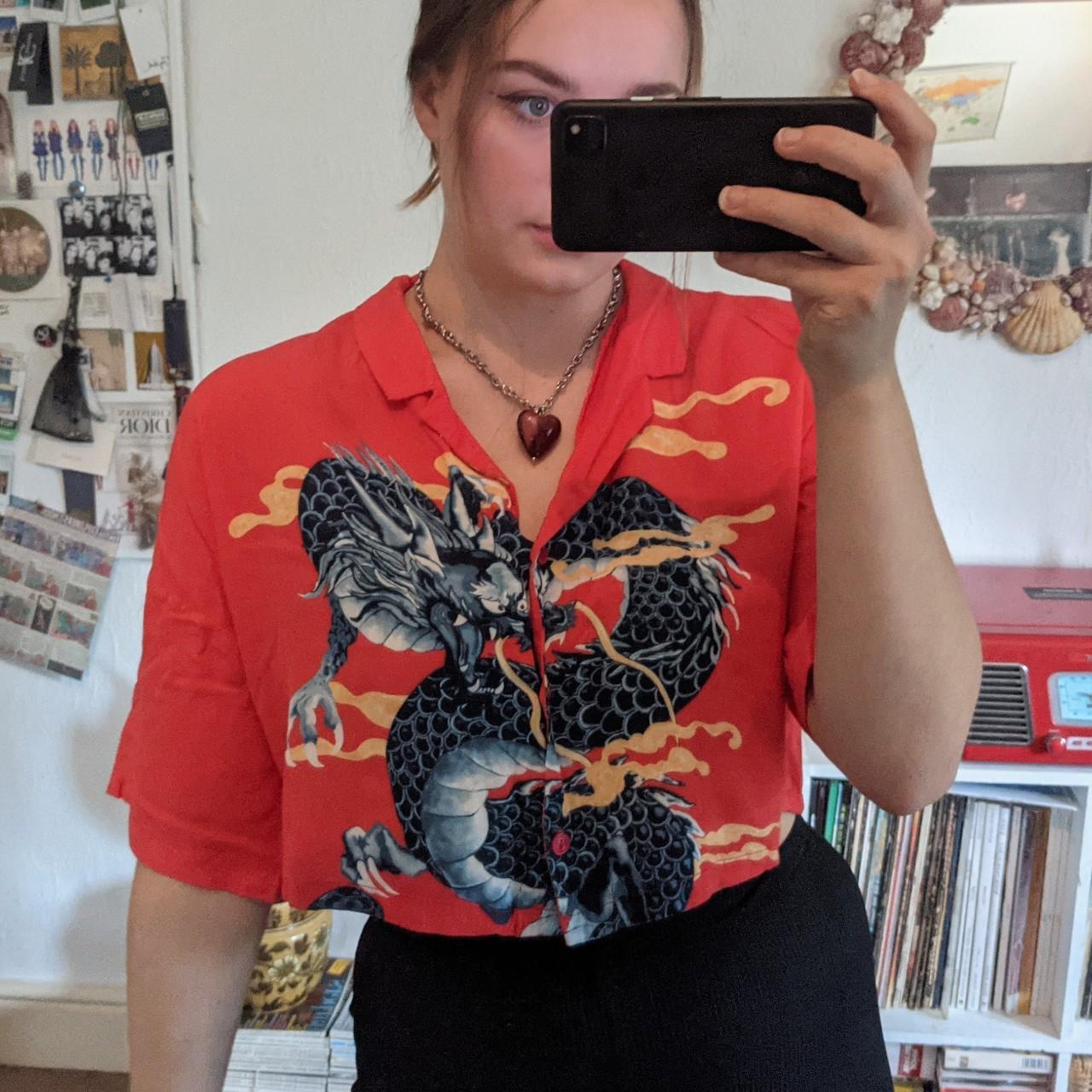 Bershka Red Crop Button Up Shirt With Blue Dragon Depop