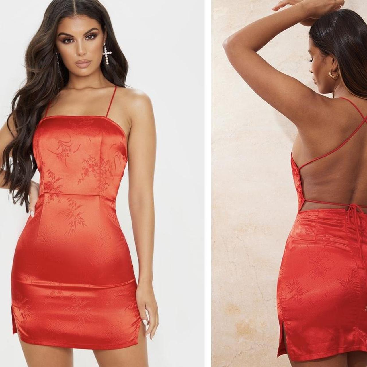 Red Satin Mixed print Lace Up Back Bodycon Dress