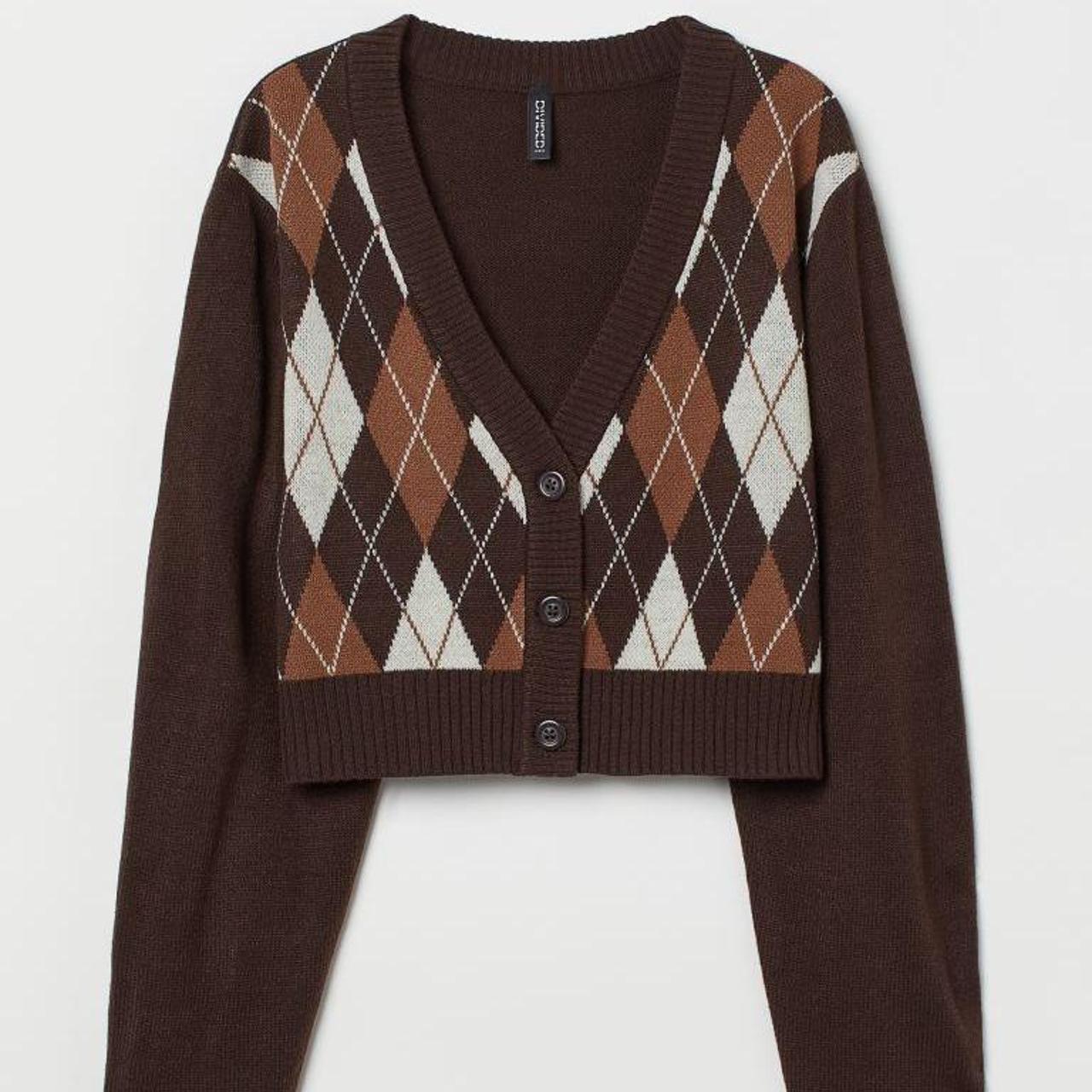 h&m dark brown argyle print cropped cardigan