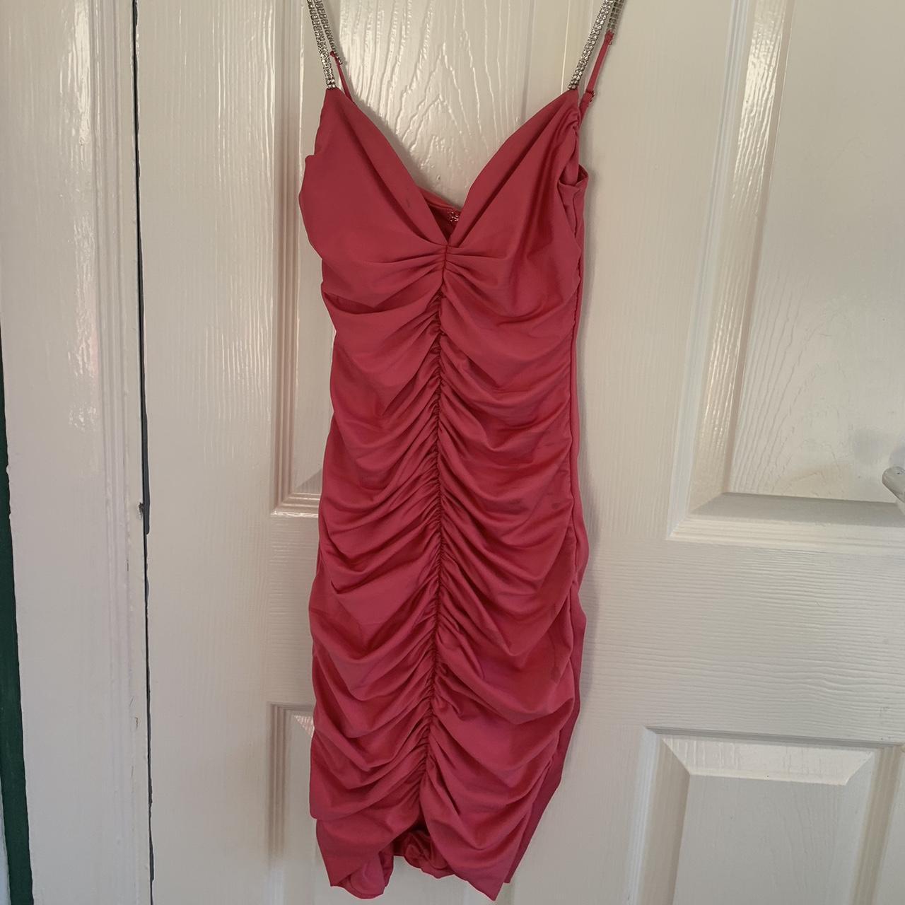 Oh polly hot pink ruched dress with diamanté... - Depop