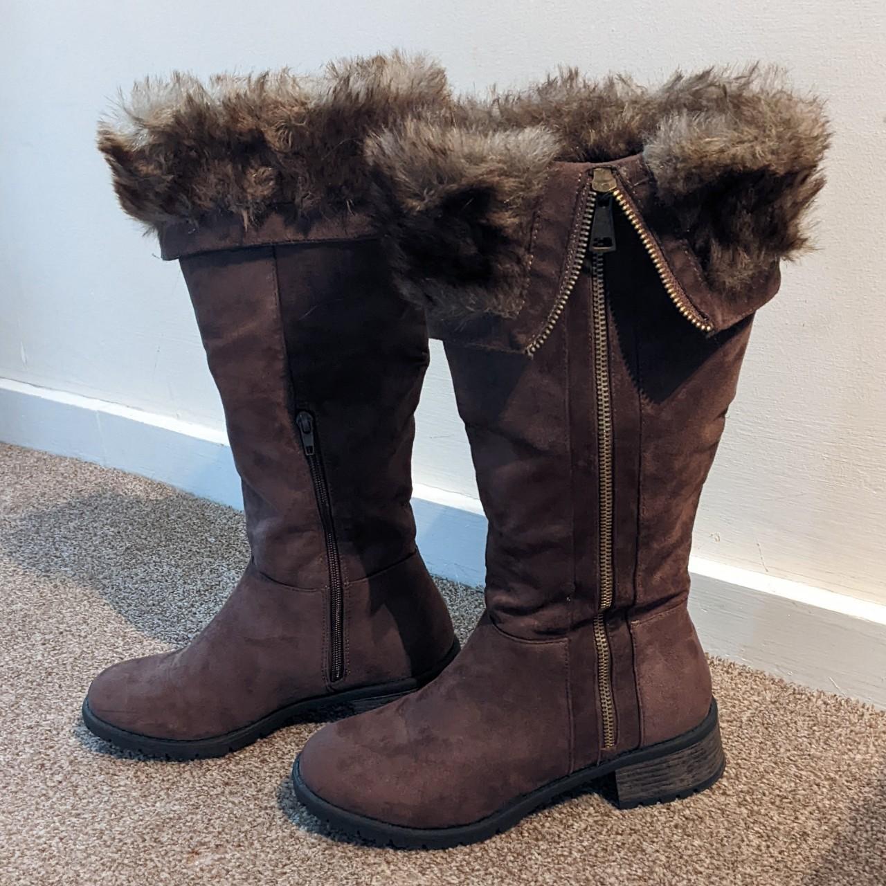 Womens brown fur top boots, sit below the knee From... - Depop