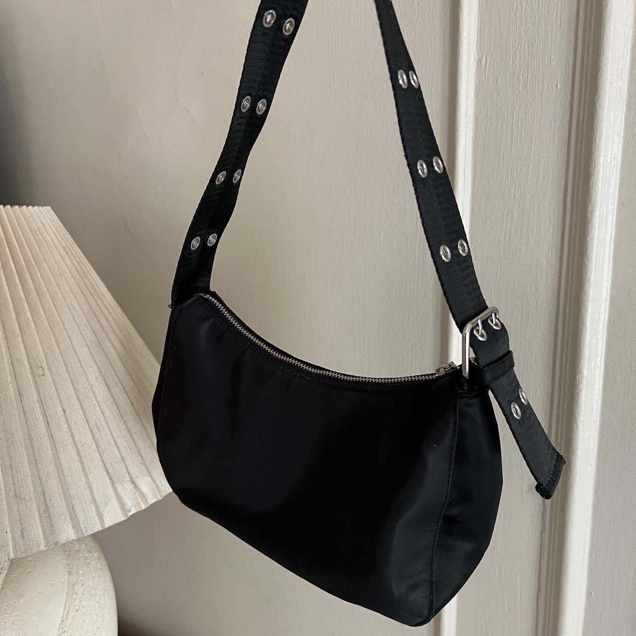 Y2K Small Shoulder Bag , Black Nylon fabric, Silver...