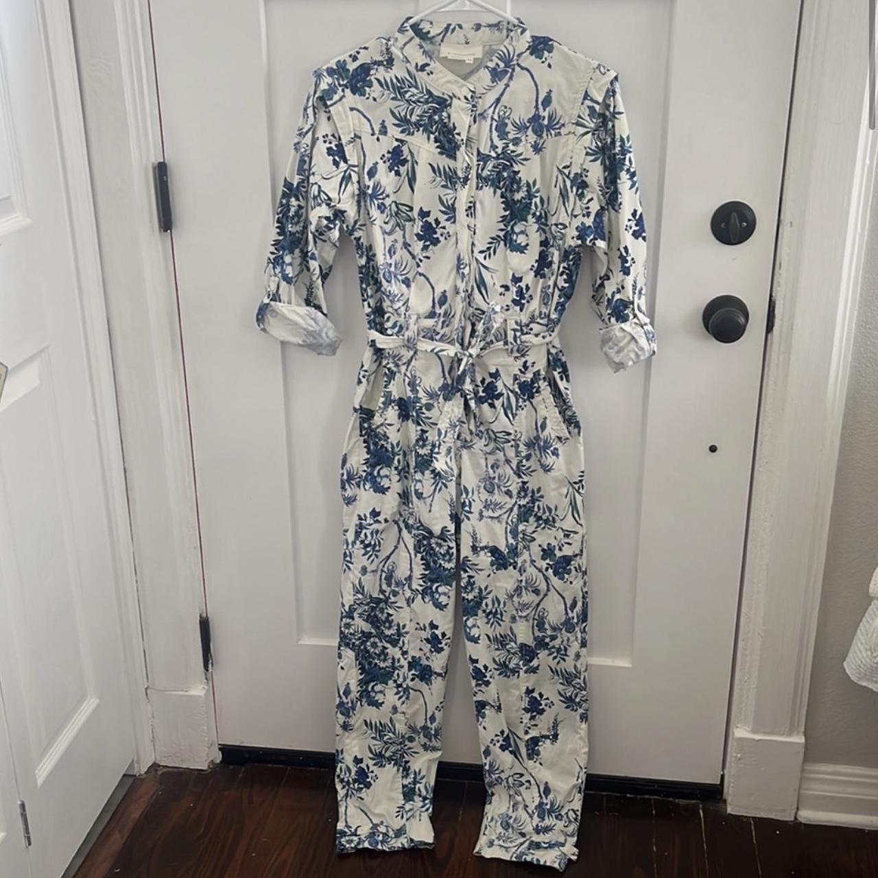 Anthropologie Lucienne white blue floral print... - Depop