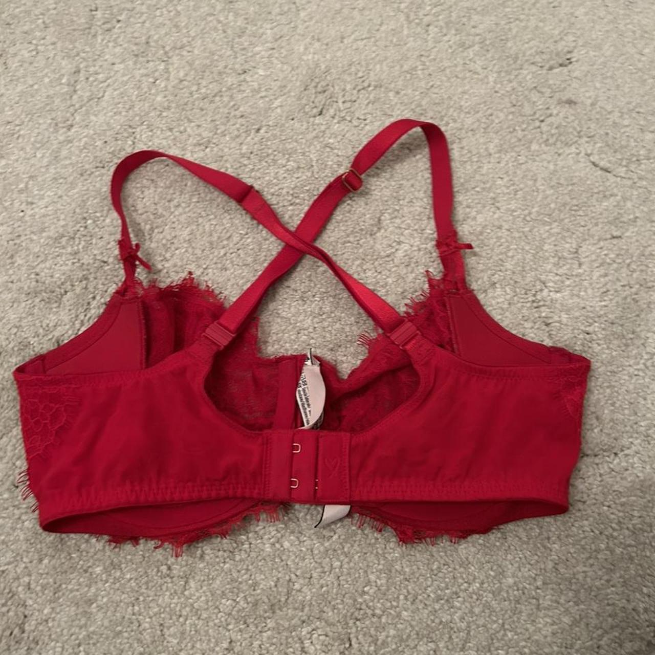 Red lace bra from Victoria Secret like new Straps... - Depop