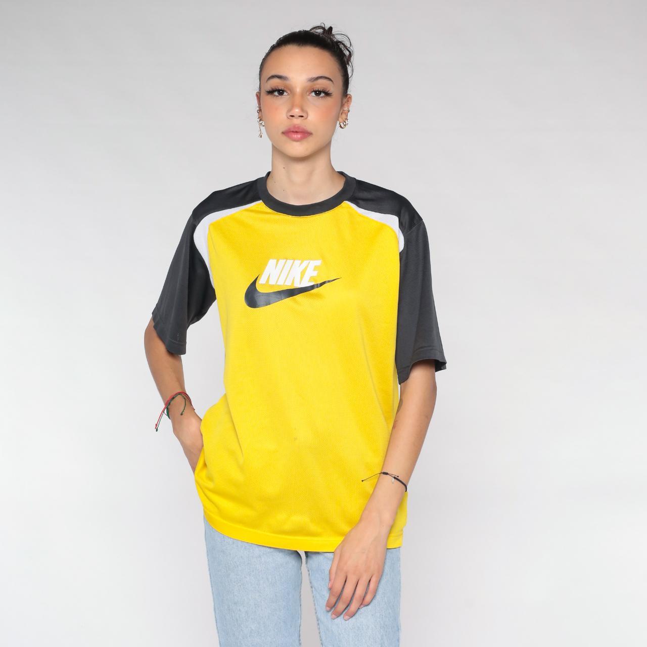 🧡 Nike jersey shirt in yellow mesh with grey trim... - Depop