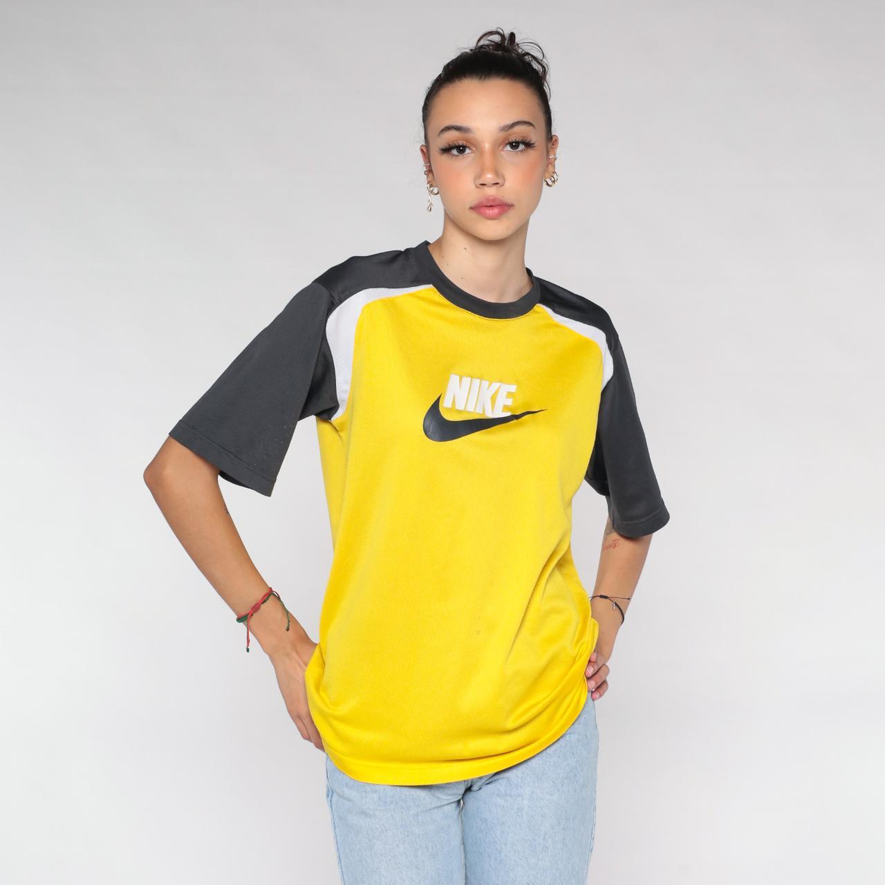 🧡 Nike jersey shirt in yellow mesh with grey trim... - Depop