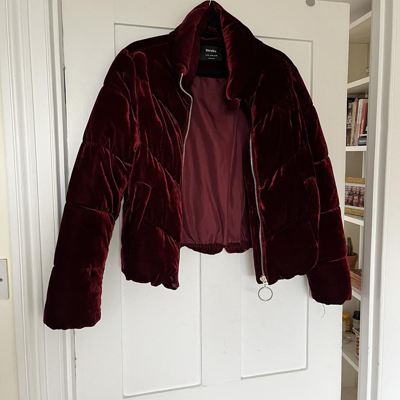Dark red velvet puffer jacket - Depop
