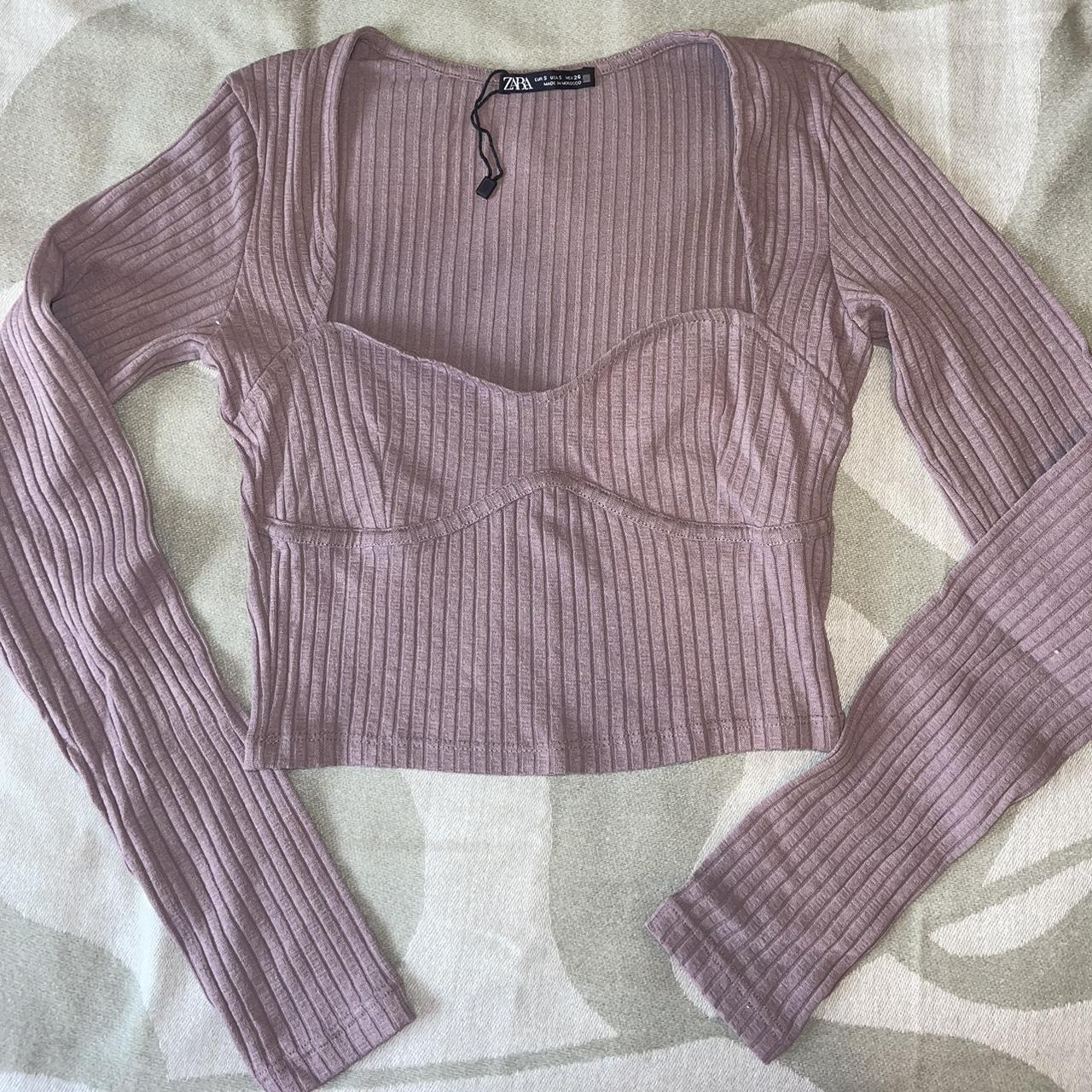 Zara ribbed mauve lilacs beige long sleeve cropped... - Depop