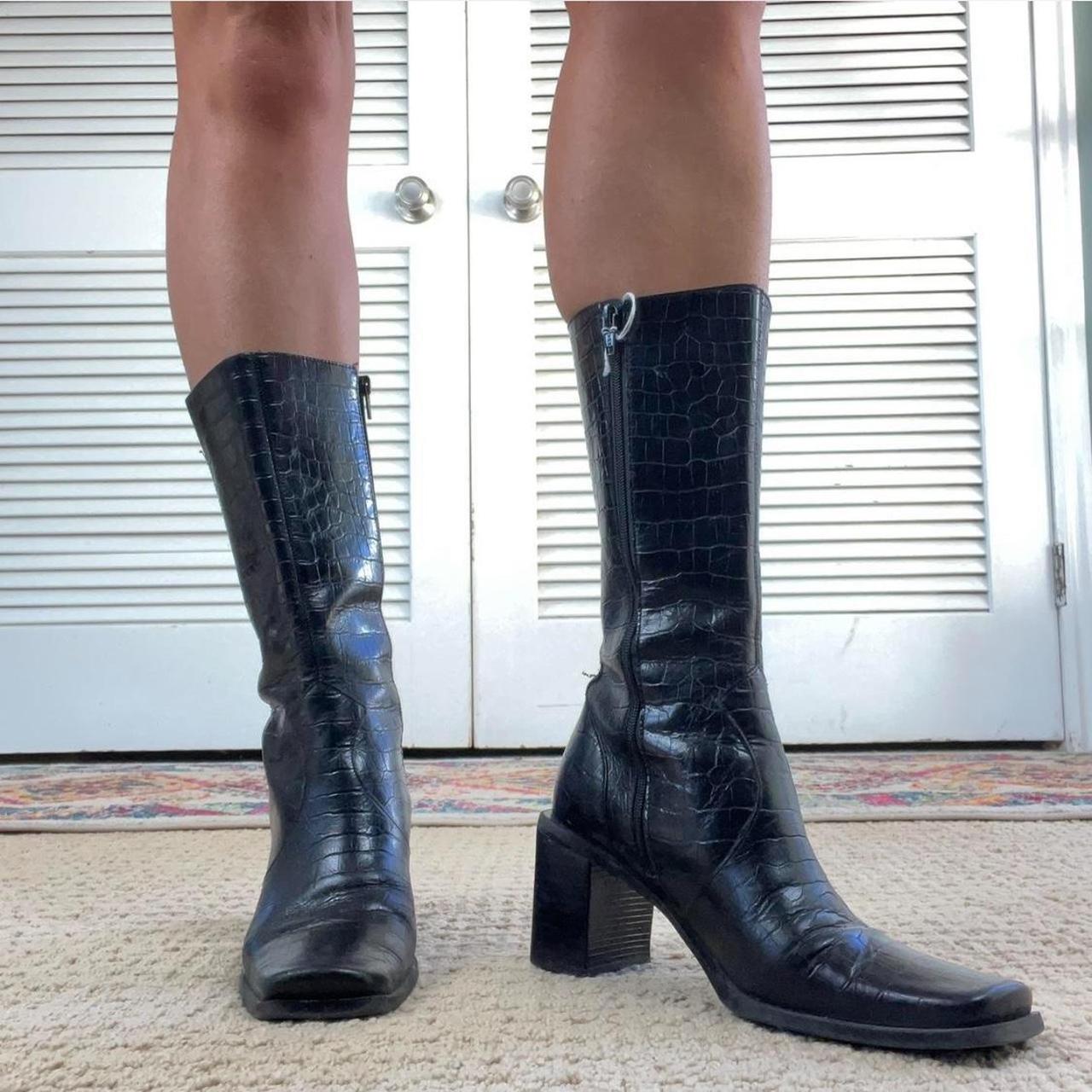 90s black leather pointed toe boots with a square