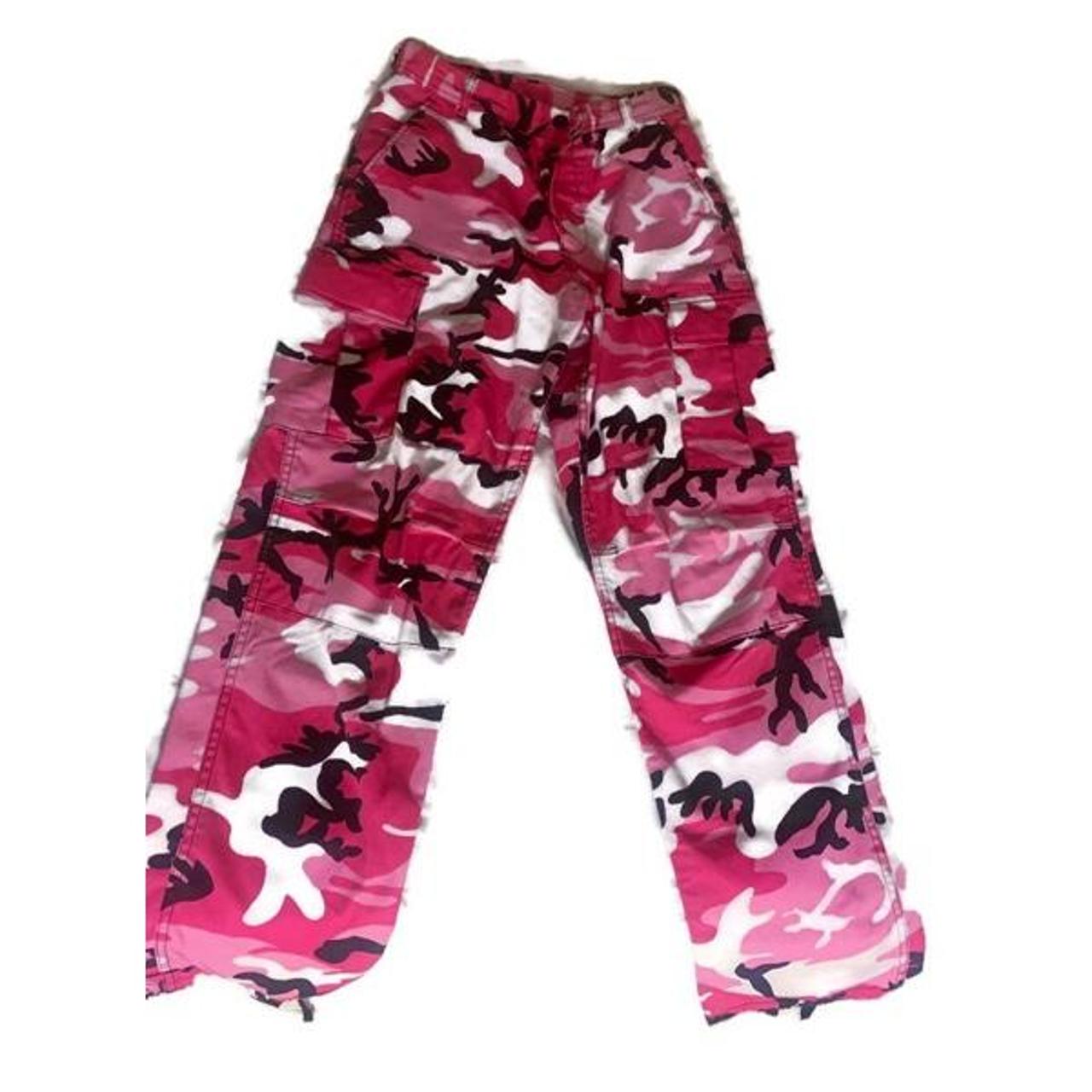 pink camo pants, size medium. goes all the way down... - Depop